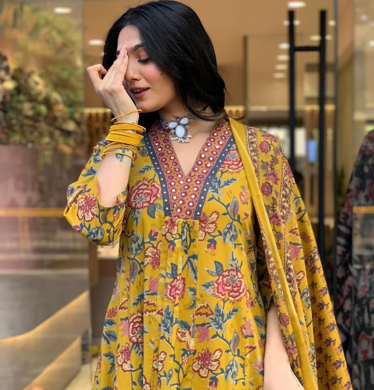 Bannisaa Navy Blue Floral Print Suit Set - Vintage Rose Garden with Embroidered Border Detailing