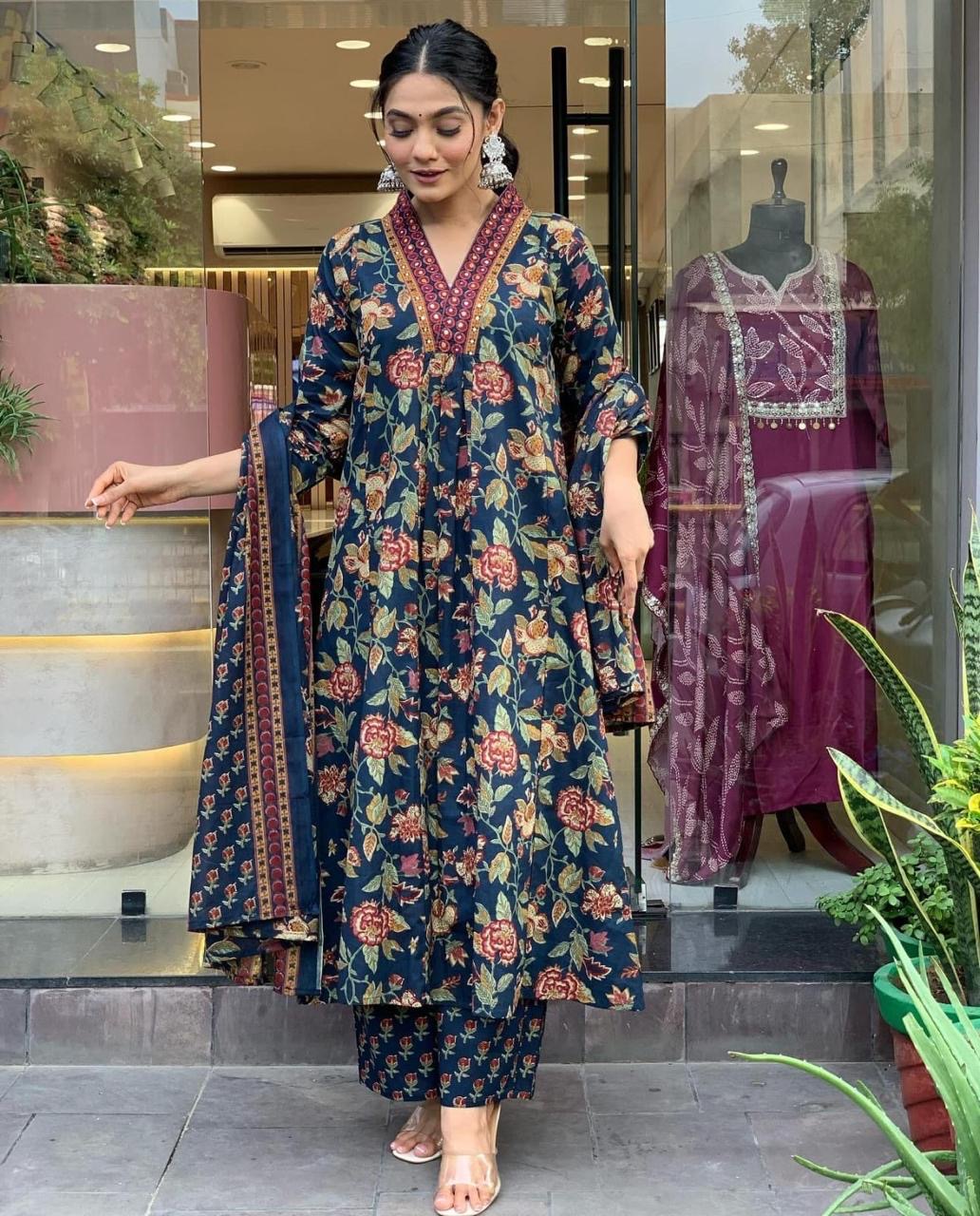 Bannisaa Navy Blue Floral Print Suit Set - Vintage Rose Garden with Embroidered Border Detailing