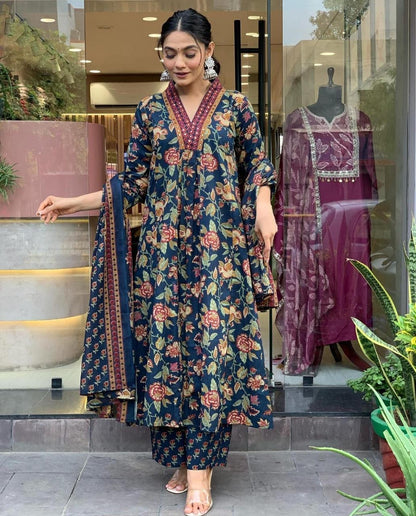 Bannisaa Navy Blue Floral Print Suit Set - Vintage Rose Garden with Embroidered Border Detailing