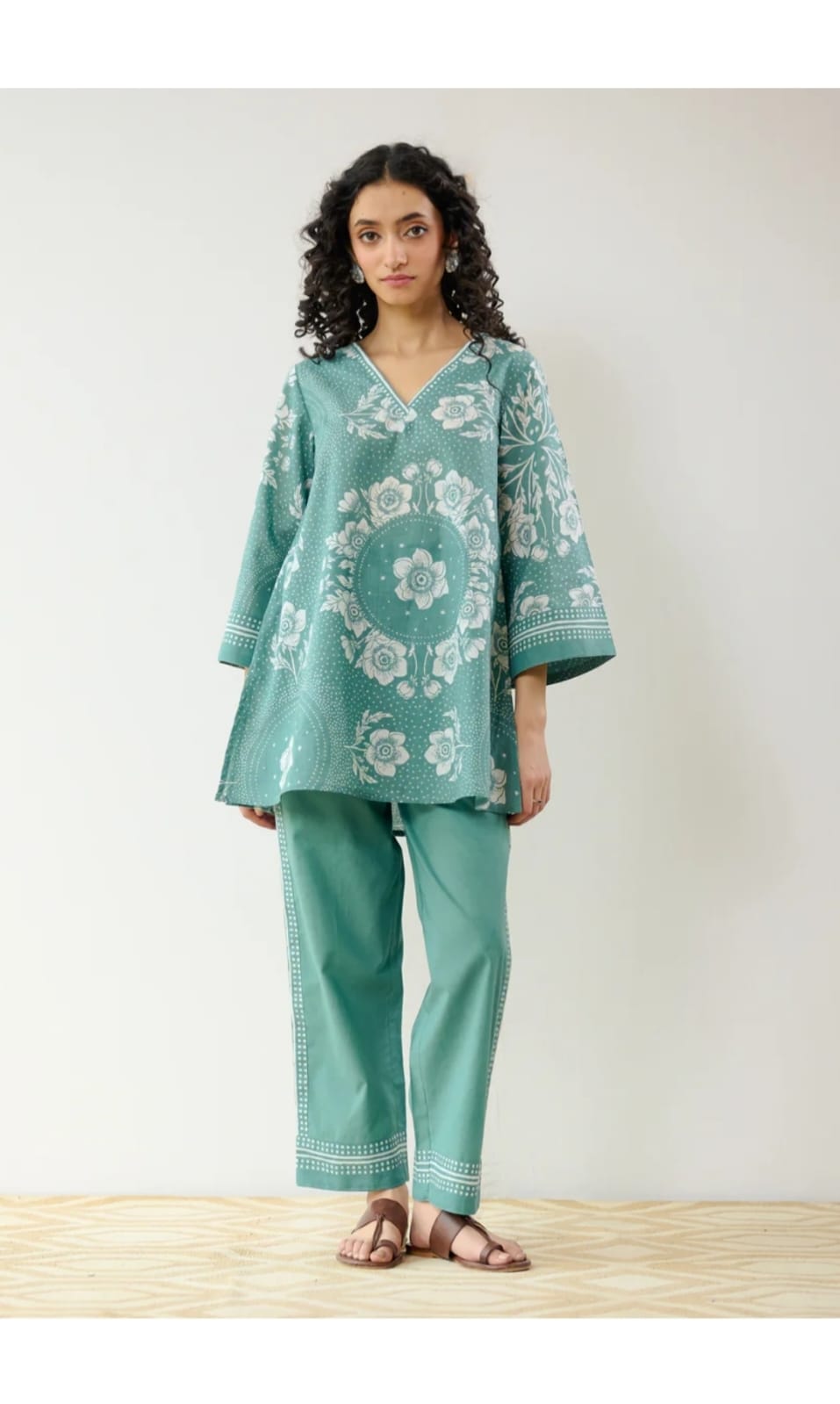 Bannisaa Sage Blossom Muslin Printed Co-ord Set - Mint Green & White Ensemble