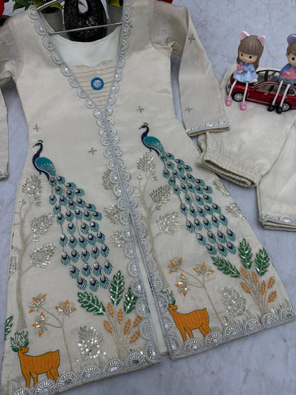 Bannisaa Enchanted Garden Co-ord Set - Ivory Peacock Embroidered Ensemble with Nature Motifs
