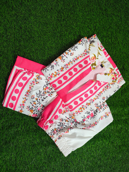 Bannisaa Rose Garden Muslin Printed Co-ord Set - Ivory & Fuchsia Ensemble