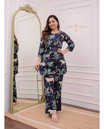 Bannisaa Safari Dreams Co-ord Set - Navy Blue Jungle Print Ensemble with Exotic Animal Motifs
