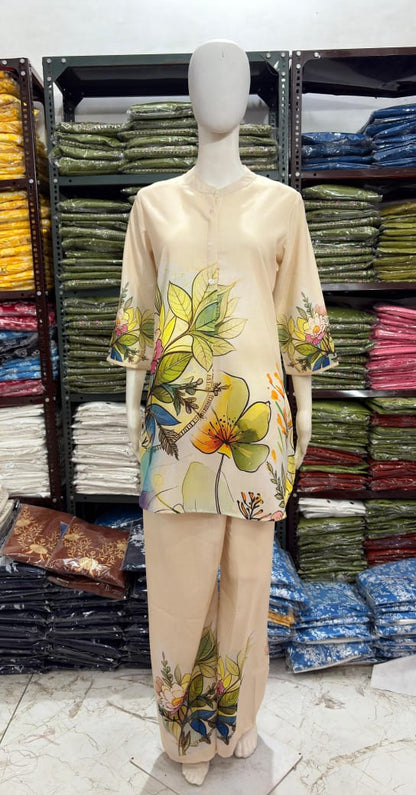 Bannisaa Cream Tropical Floral Co-ord Set - Contemporary Botanical Print with Palazzo Style