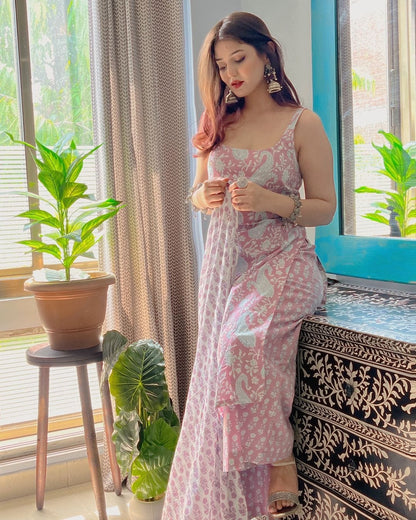 Sky Blue & Pink Paisley Printed Sharara Sleeveless Set - Traditional Block Print with Matching Dupatta (3 piece set)