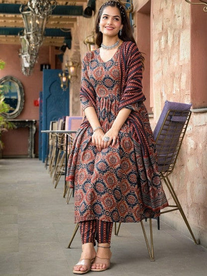 Bannisaa Aashna Maroon Ajrakh Print Suit Set - Traditional Block Print with Striped Dupatta