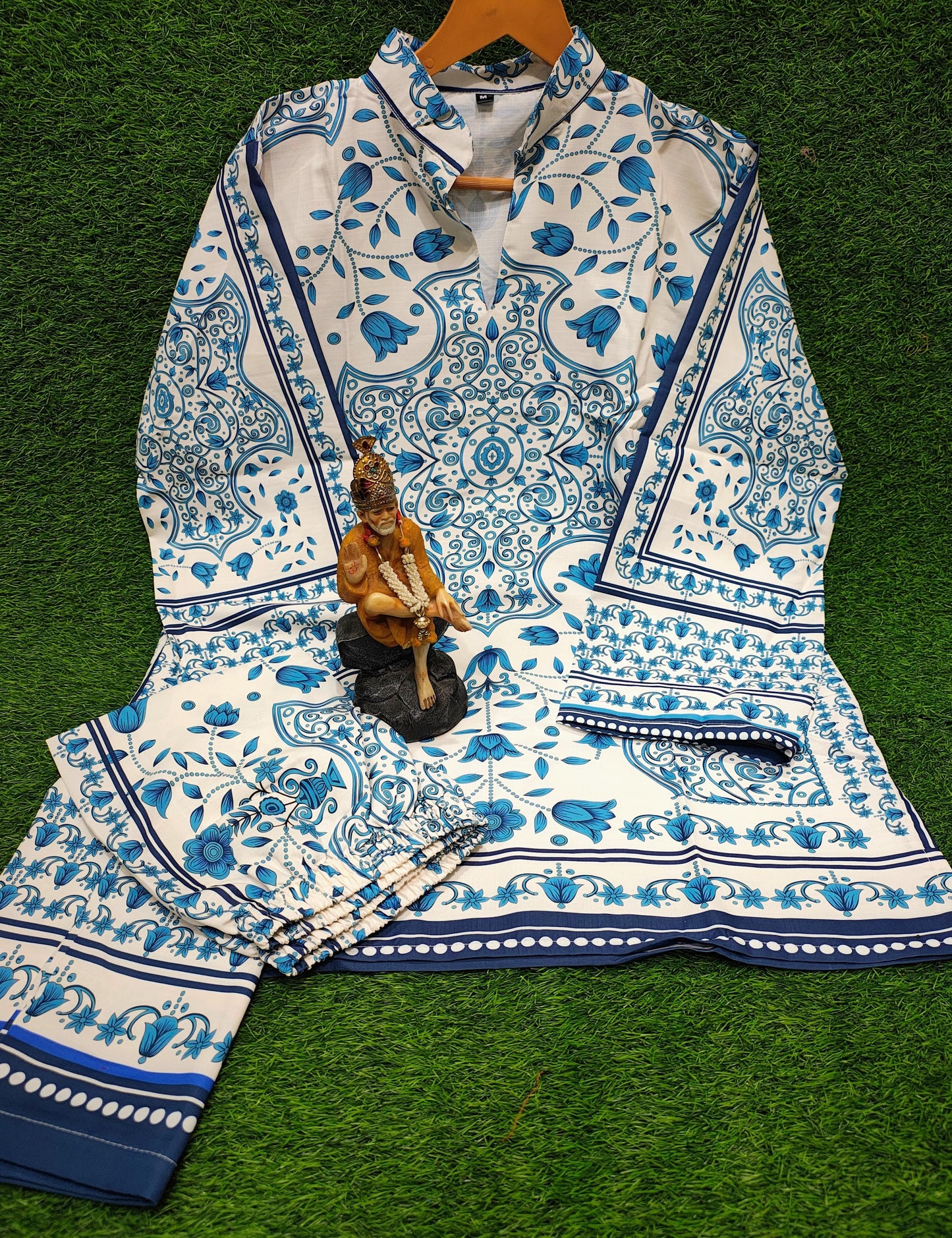 Bannisaa Celestial Blue Muslin Printed Co-ord Set - Heritage Azure & Ivory Ensemble