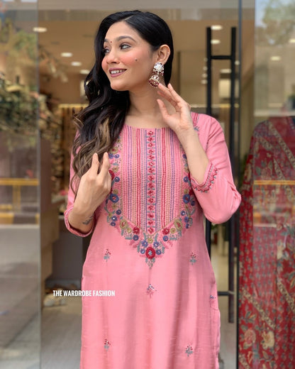 Bannisaa Chanderi silk Pink 3-Piece Kurta Set