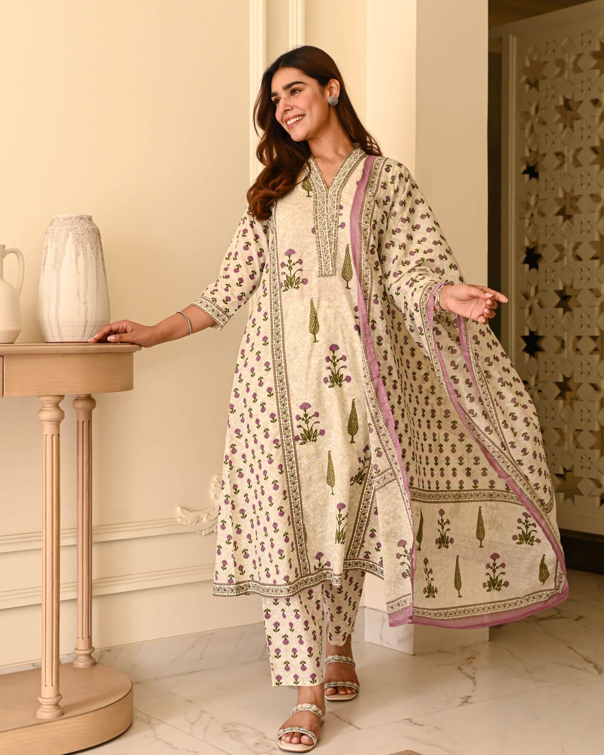 Bannisaa Ivory Bloom Garden Suit Set - Delicate Florals with Rose Gold Embellishments