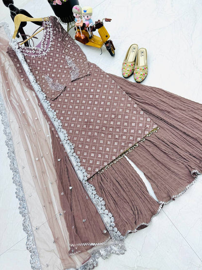 Bannisaa Dusty Rose Sequined Gharara Set - Elegant Party Wear with Pearl Details & Lace Dupatta (3 piece suit)