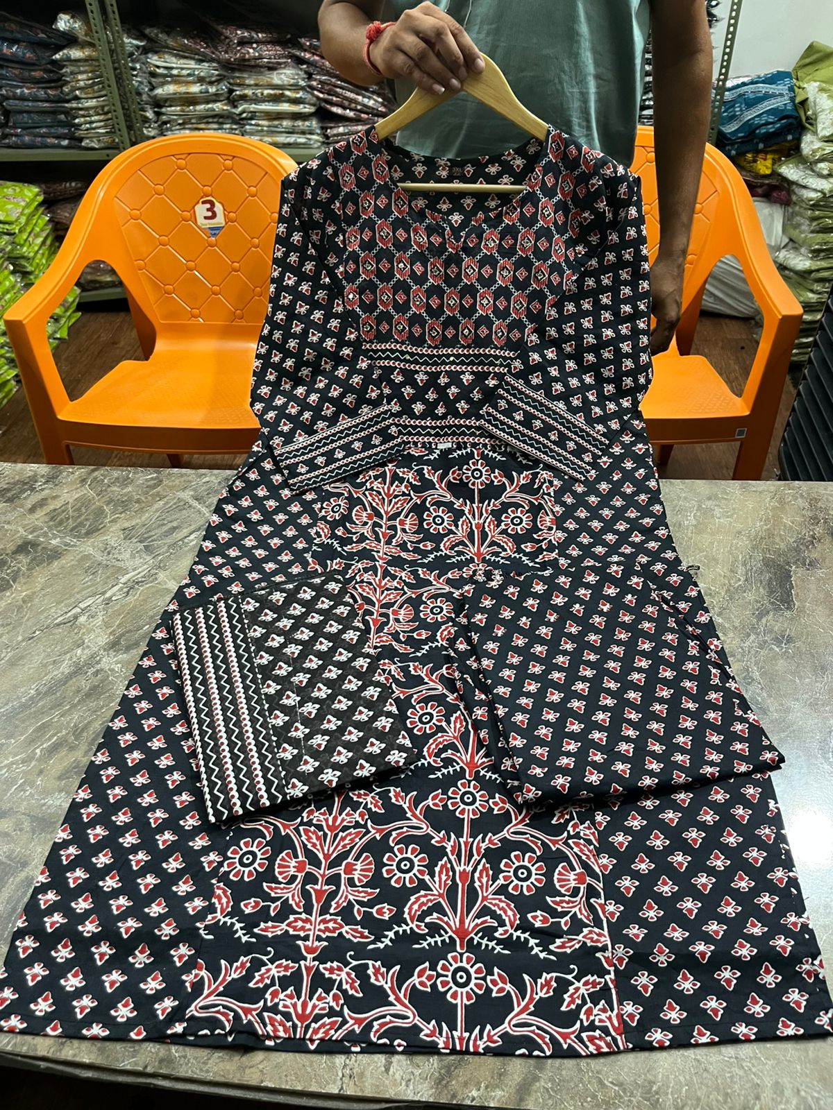 Bannisaa Crimson Heritage Block Print Suit Set - Traditional Ajrakh with Golden Geometric Motifs
