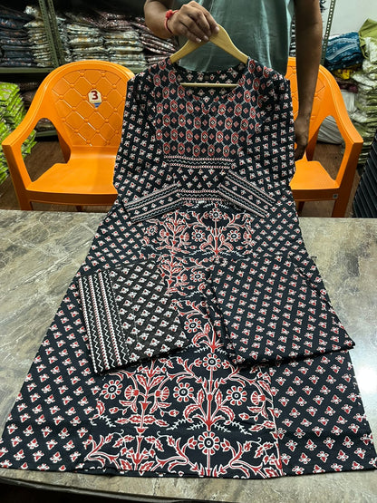 Bannisaa Crimson Heritage Block Print Suit Set - Traditional Ajrakh with Golden Geometric Motifs