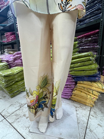 Bannisaa Cream Tropical Floral Co-ord Set - Contemporary Botanical Print with Palazzo Style