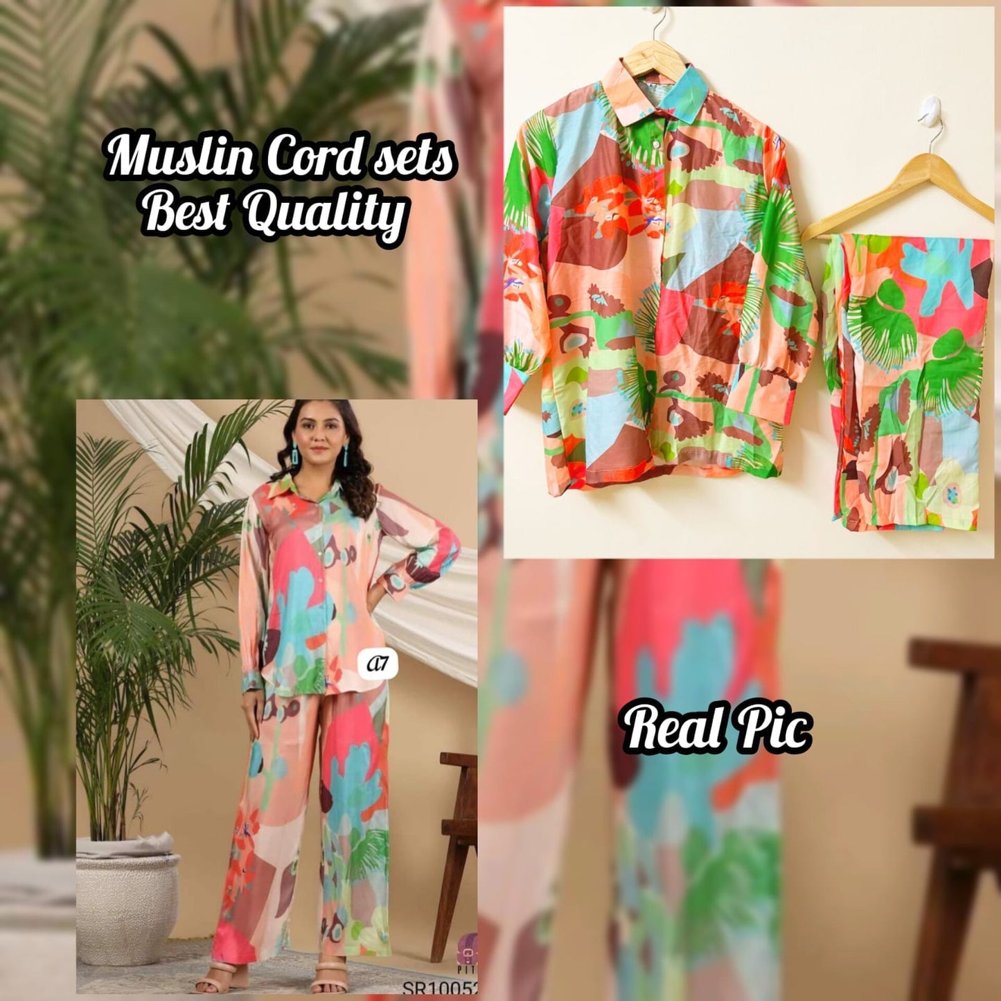 Tropical Paradise Muslin Co-ord Set - Abstract Print Ensemble with Bold Floral Motifs