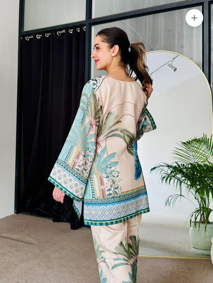 Bannisaa Tropical Paradise Muslin Printed Co-ord Set - Ivory & Turquoise Ensemble