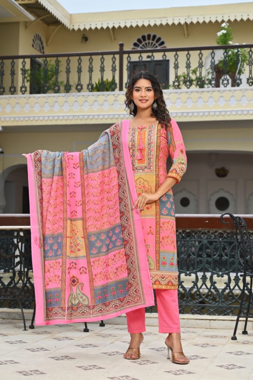 Bannisaa Mint Green Digital Print Suit Set - Traditional Patchwork Design with Multicolor Floral Motifs
