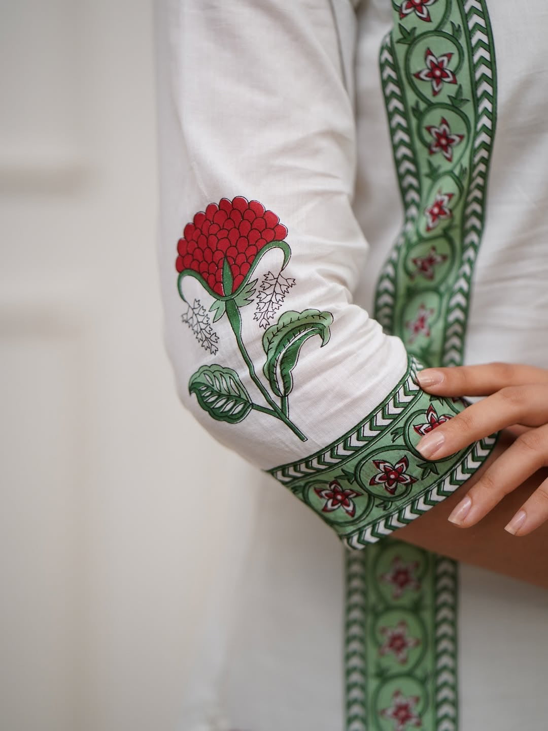 Bannisaa Block Printed Rose Motif Kurta Set - White Cotton Suit with Green Border & Matching Dupatta (3 piece suit)