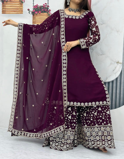 Bannisaa Royal Plum Embroidered Sharara Set - Luxe Mirror Work with Traditional Elegance