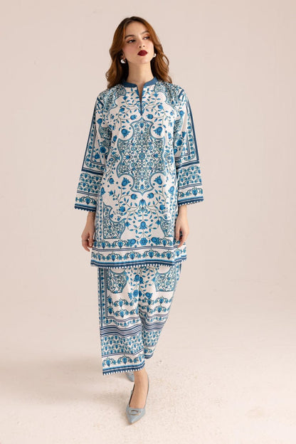 Bannisaa Celestial Blue Muslin Printed Co-ord Set - Heritage Azure & Ivory Ensemble