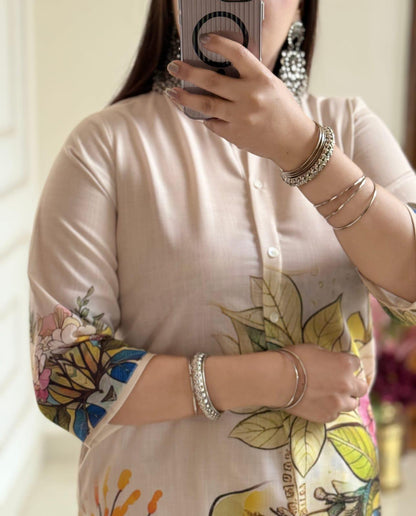 Bannisaa Cream Tropical Floral Co-ord Set - Contemporary Botanical Print with Palazzo Style