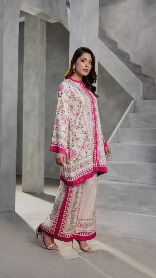 Bannisaa Rose Garden Muslin Printed Co-ord Set - Ivory & Fuchsia Ensemble