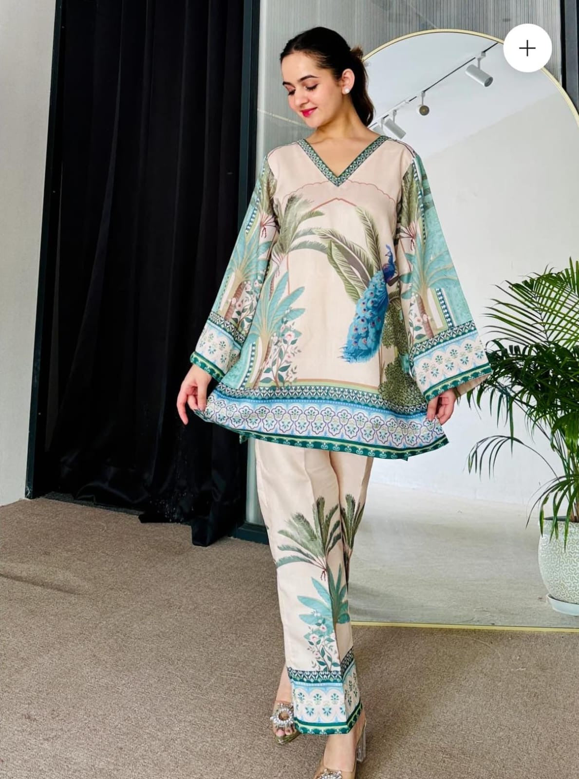 Bannisaa Tropical Paradise Muslin Printed Co-ord Set - Ivory & Turquoise Ensemble