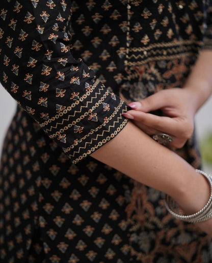 Bannisaa Crimson Heritage Block Print Suit Set - Traditional Ajrakh with Golden Geometric Motifs