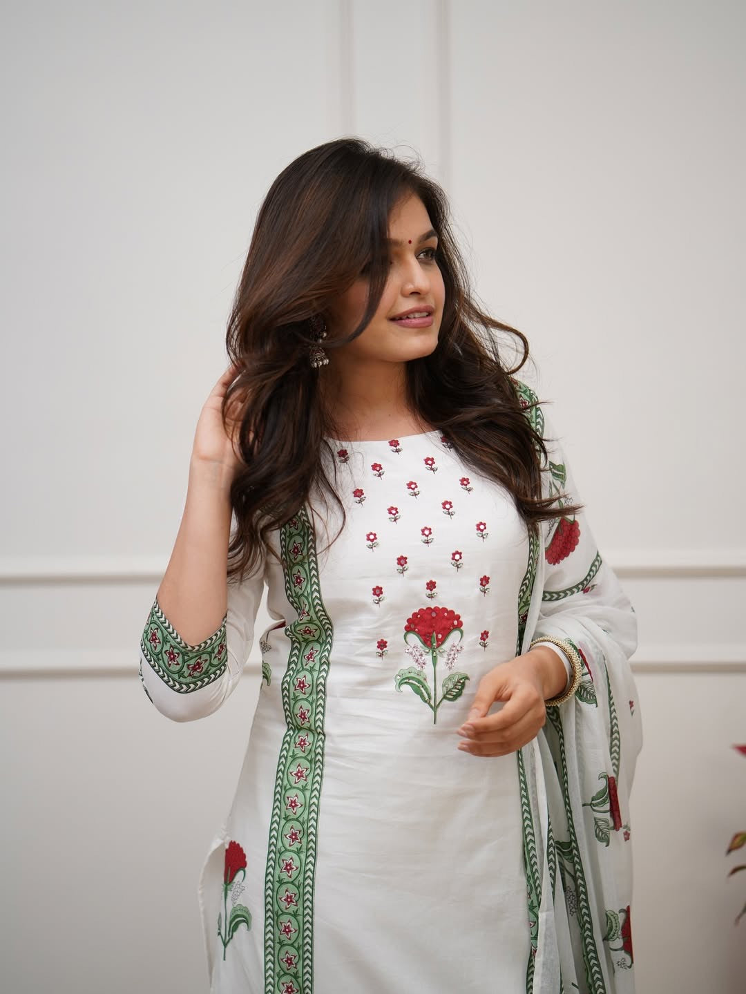 Bannisaa Block Printed Rose Motif Kurta Set - White Cotton Suit with Green Border & Matching Dupatta (3 piece suit)