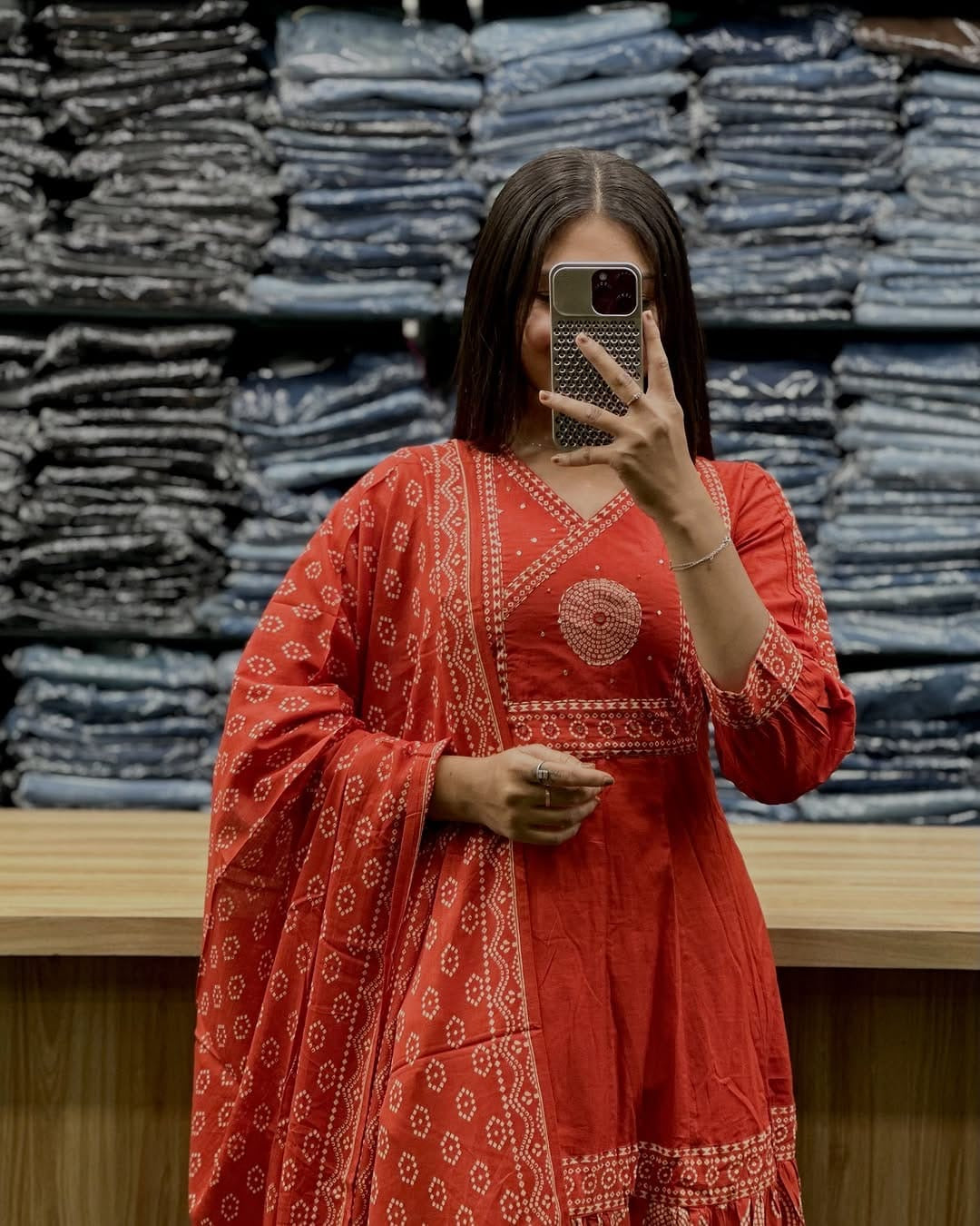 Bannisaa Vibrant Orange Bandhani Suit Set - Traditional Tie-Dye with Golden Circular Motifs