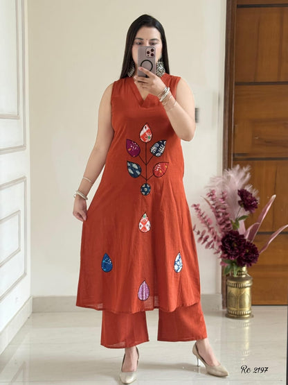 Bannisaa Rust Orange Applique Work Suit Set - Contemporary Patchwork with Geometric Motifs