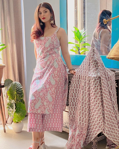 Sky Blue & Pink Paisley Printed Sharara Sleeveless Set - Traditional Block Print with Matching Dupatta (3 piece set)