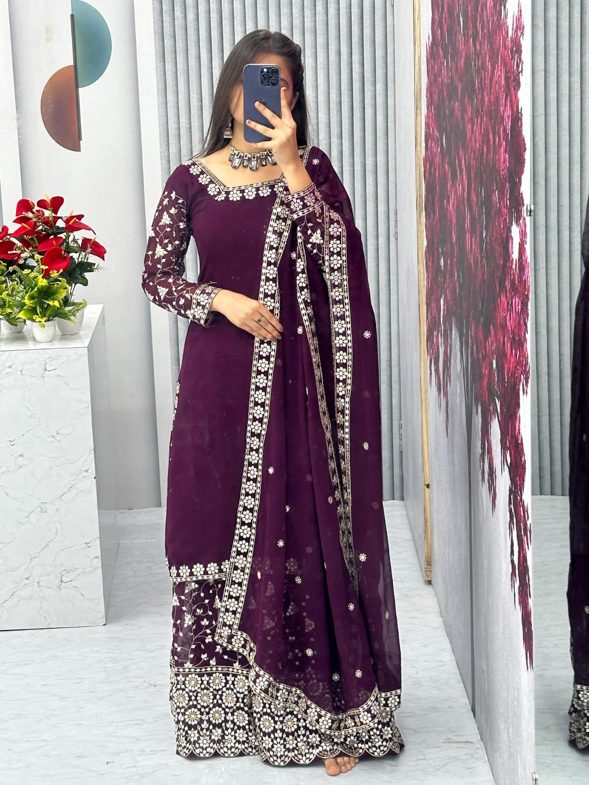 Bannisaa Royal Plum Embroidered Sharara Set - Luxe Mirror Work with Traditional Elegance