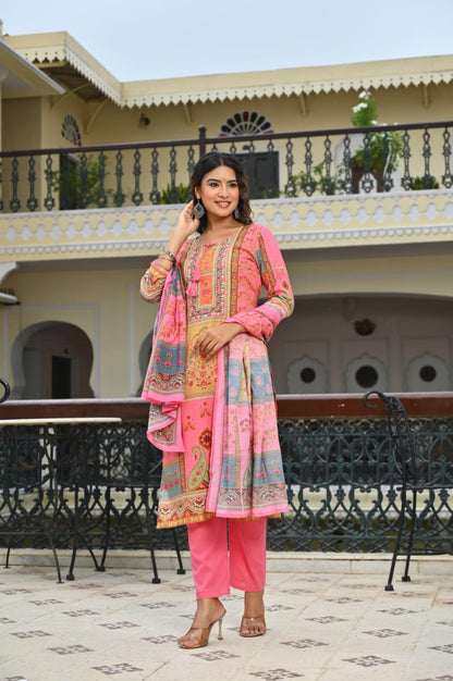 Bannisaa Mint Green Digital Print Suit Set - Traditional Patchwork Design with Multicolor Floral Motifs