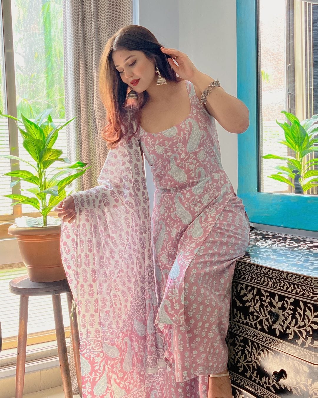 Sky Blue & Pink Paisley Printed Sharara Sleeveless Set - Traditional Block Print with Matching Dupatta (3 piece set)