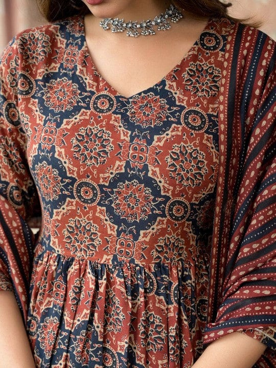 Bannisaa Aashna Maroon Ajrakh Print Suit Set - Traditional Block Print with Striped Dupatta