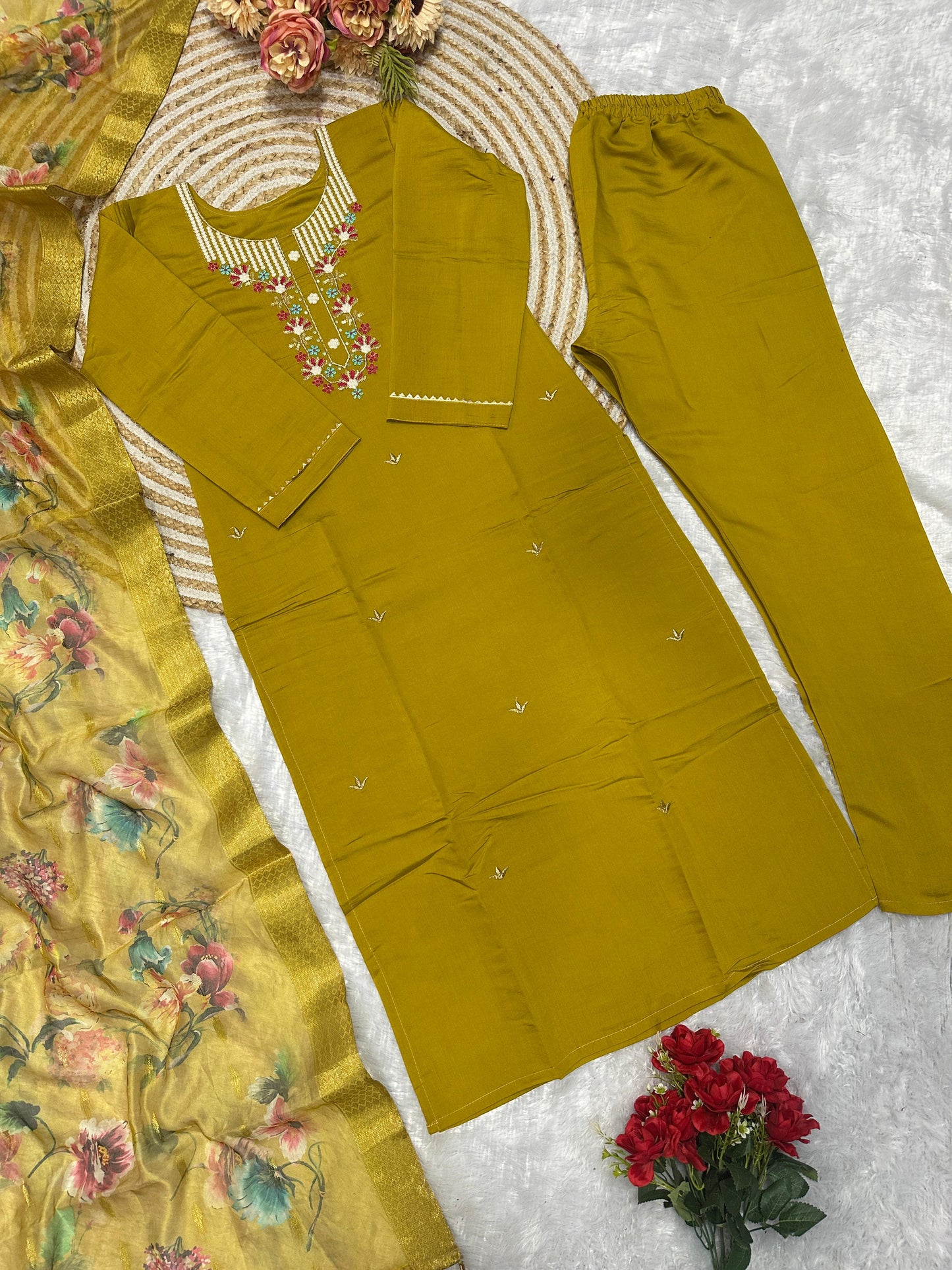 Bannisaa Golden Meadow Embroidered Suit Set - Floral Thread Work with Silk Dupatta