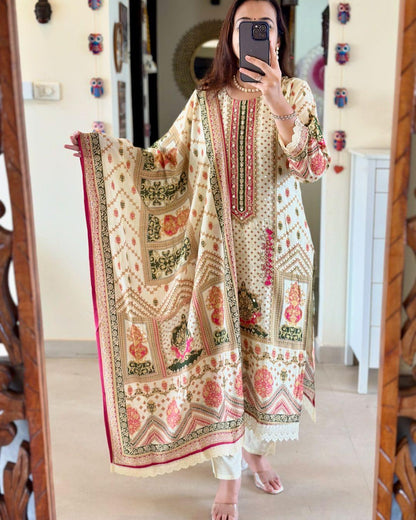 Bannisaa Ivory Luxury Lawn Suit Set - Traditional Block Print with Intricate Embroidered Details