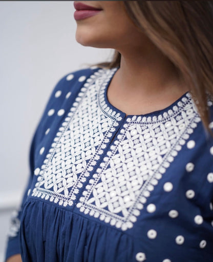 Bannisaa Midnight Stars Co-ord Set - Navy Blue Embroidered Ensemble with Pearl White Yoke