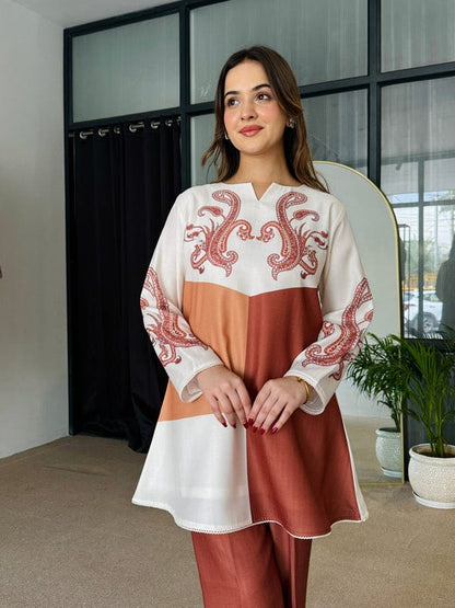 Bannisaa Terra Paisley Contemporary Co-ord Set - Modern Rust & Ivory Ensemble