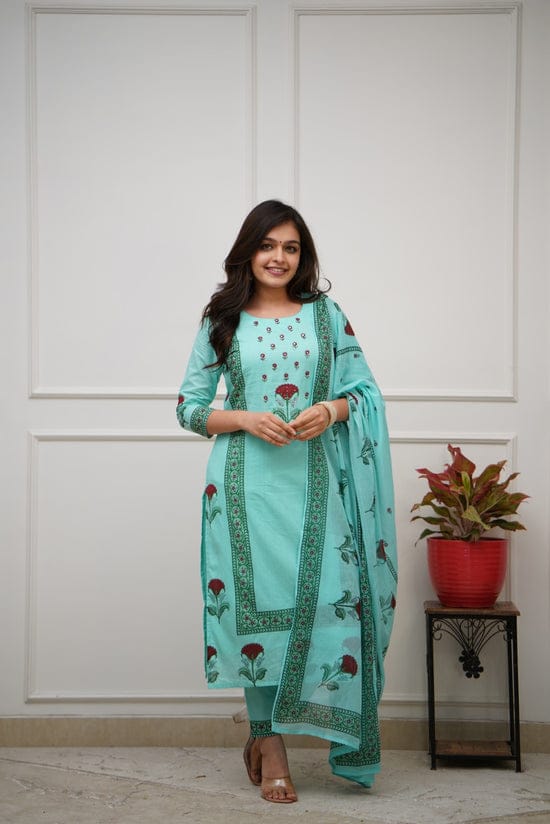Bannisaa Block Printed Rose Motif Kurta Set - White Cotton Suit with Green Border & Matching Dupatta (3 piece suit)