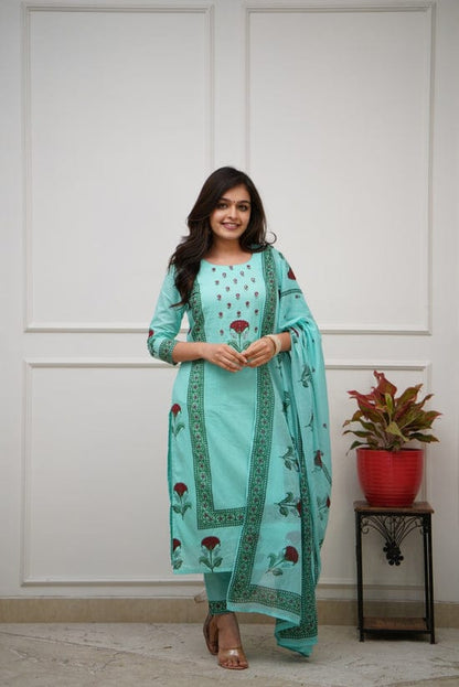Bannisaa Block Printed Rose Motif Kurta Set - White Cotton Suit with Green Border & Matching Dupatta (3 piece suit)