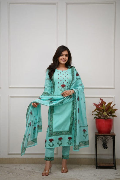 Bannisaa Block Printed Rose Motif Kurta Set - White Cotton Suit with Green Border & Matching Dupatta (3 piece suit)