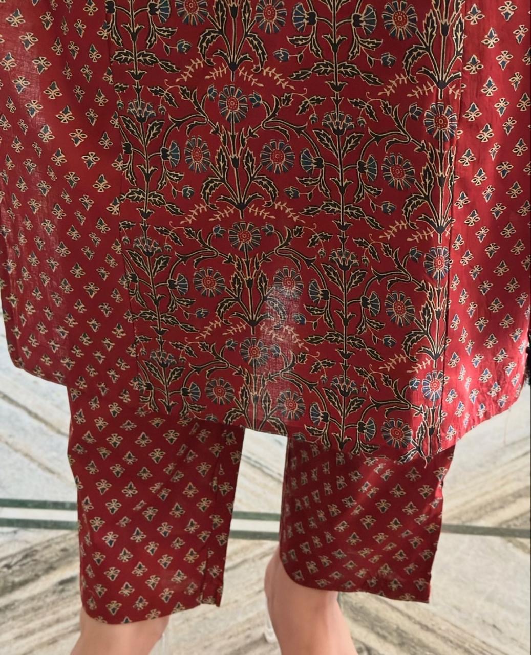 Bannisaa Crimson Heritage Block Print Suit Set - Traditional Ajrakh with Golden Geometric Motifs