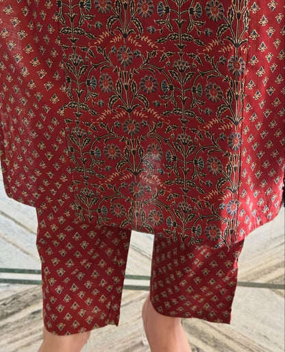 Bannisaa Crimson Heritage Block Print Suit Set - Traditional Ajrakh with Golden Geometric Motifs