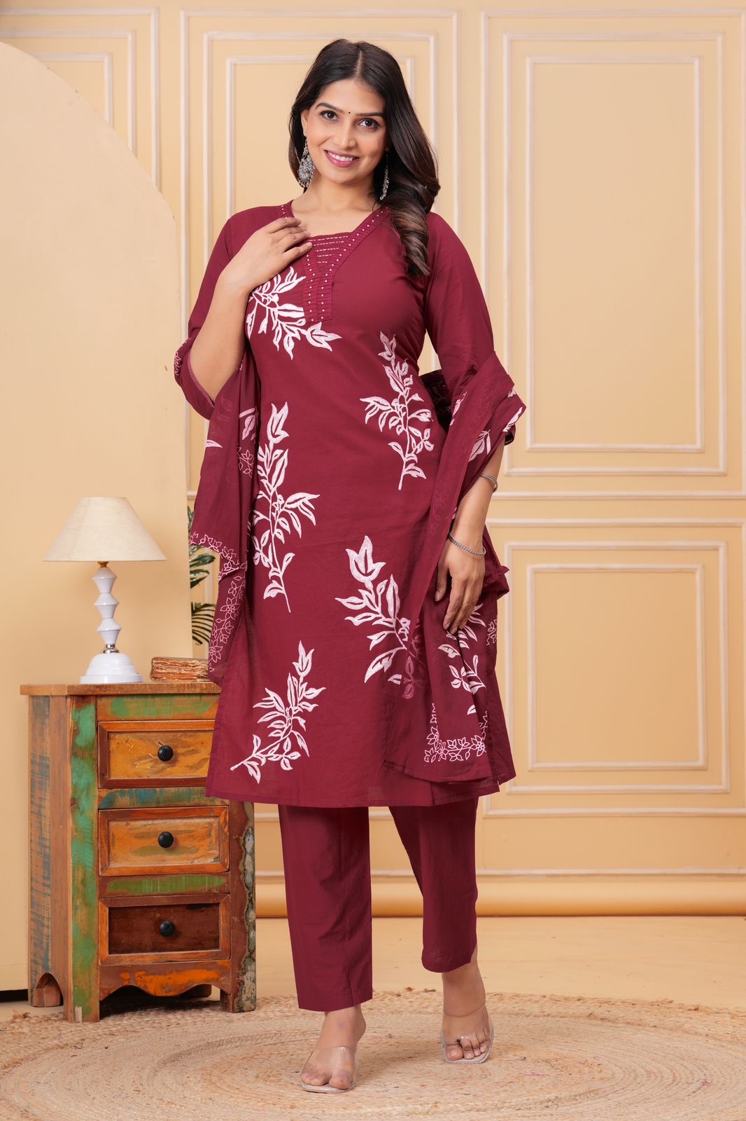 Bannisaa Lavender Leaf Embroidered Suit Set - Traditional White Thread Work with Botanical Motifs