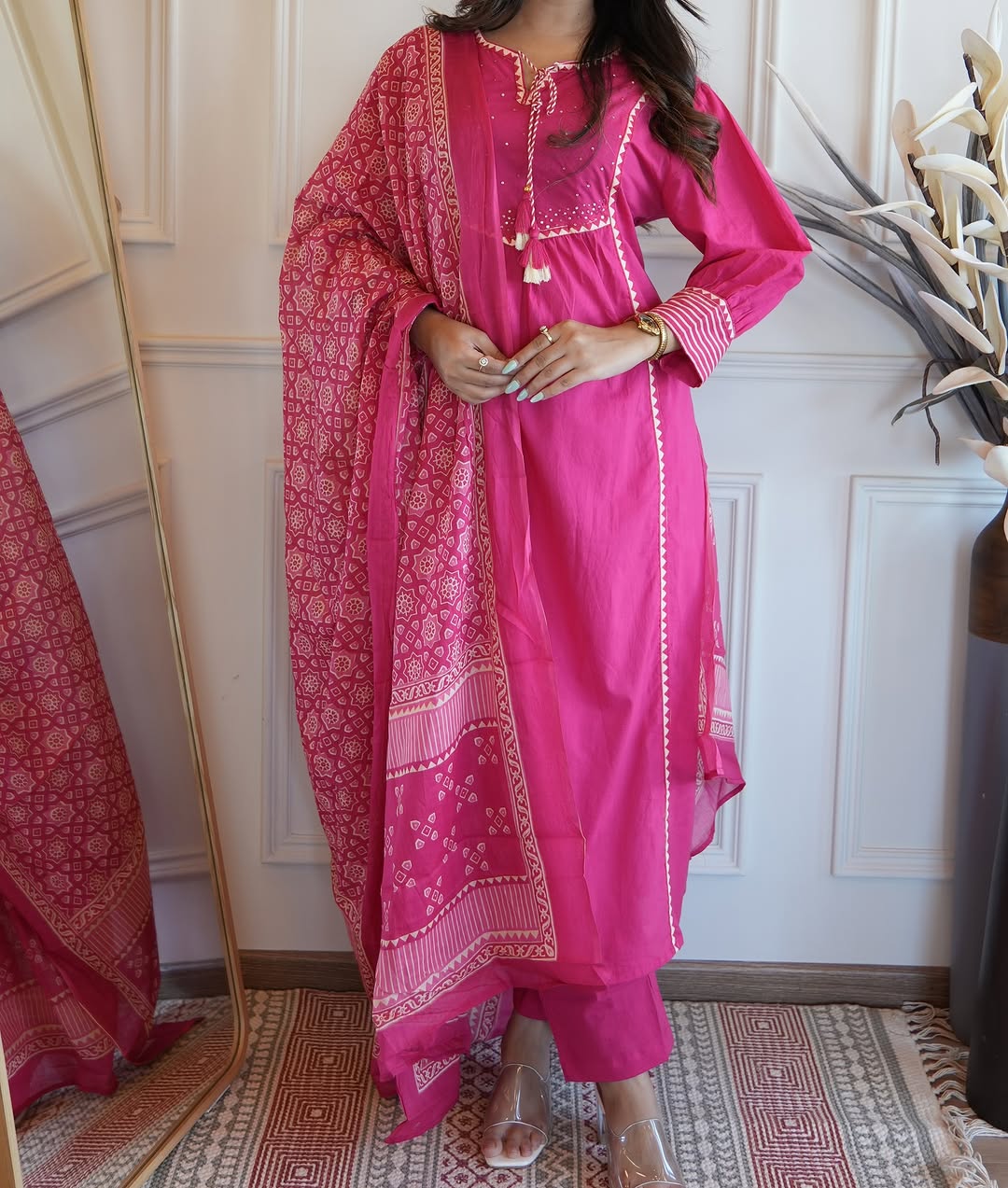Bannisaa Fuchsia Royal Heritage Suit Set - Traditional Block Print with Golden Gota Detailing