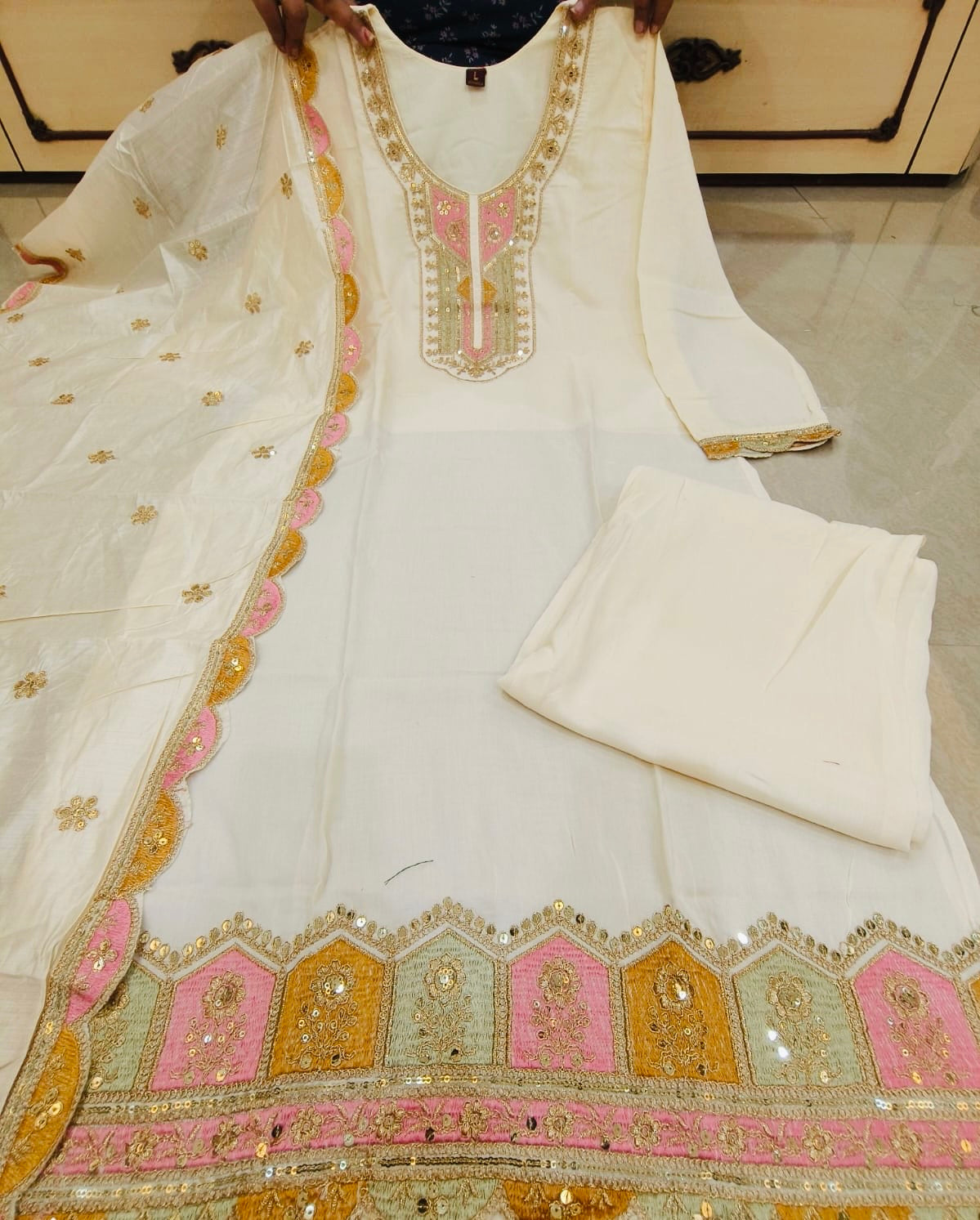 Bannisaa Ivory Pastel Embroidered 3 piece Kurta set