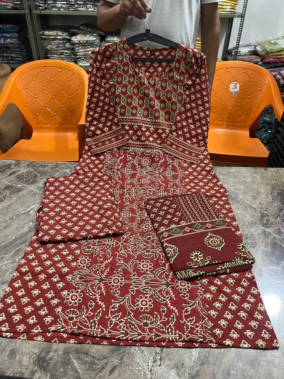 Bannisaa Crimson Heritage Block Print Suit Set - Traditional Ajrakh with Golden Geometric Motifs