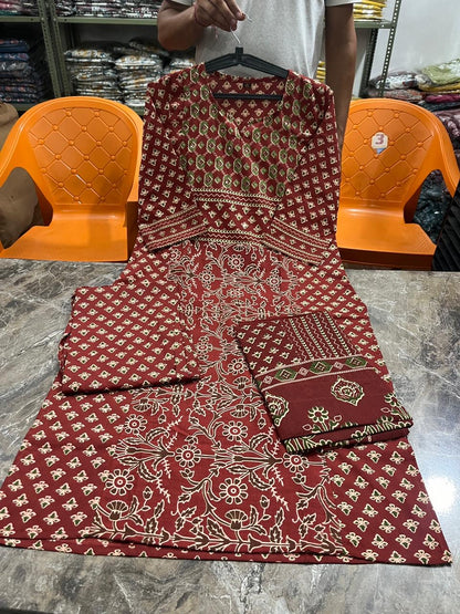 Bannisaa Crimson Heritage Block Print Suit Set - Traditional Ajrakh with Golden Geometric Motifs