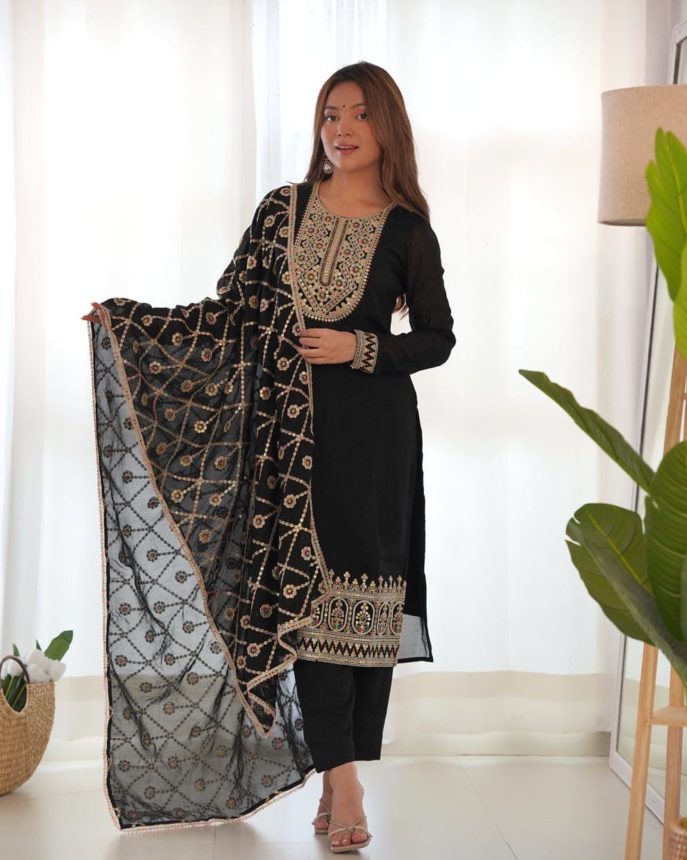 Bannisaa Black Faux Georgette Heavy Embroidered Straight Kurta Set with Dupatta (3 piece suit)